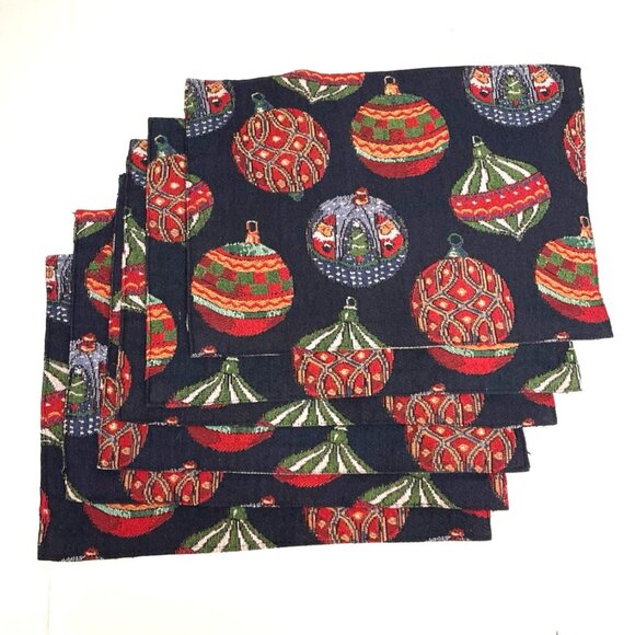 Christmas Tapestry Placemats Set of 6 Santa Pulling Sleigh Ornaments Reversible - Picture 2 of 4